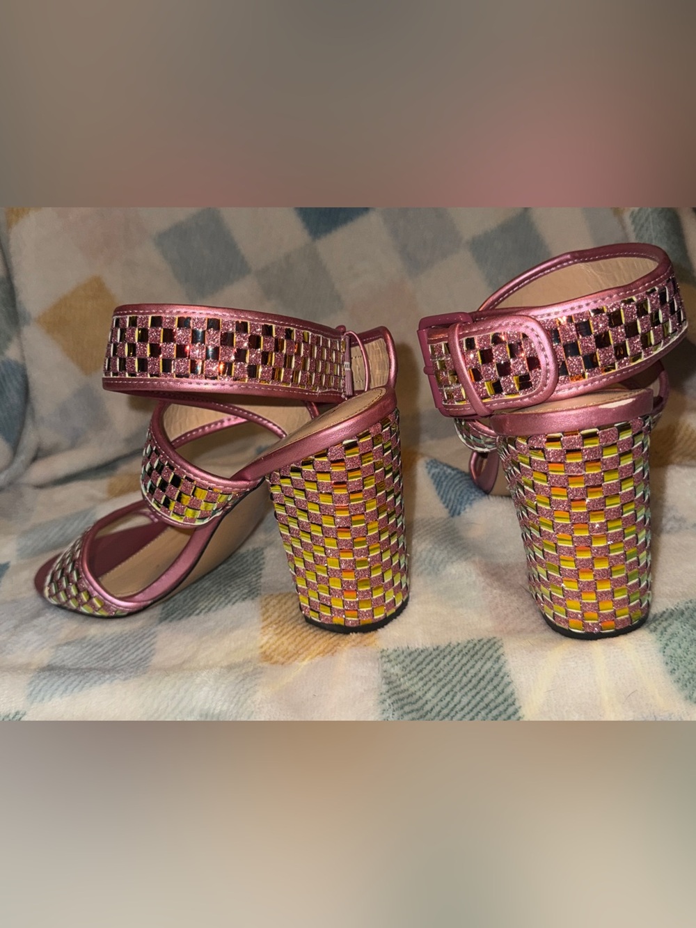 Katy Perry Collections Pink Metallic Woven Block Heel Sandals - Picture 2 of 3